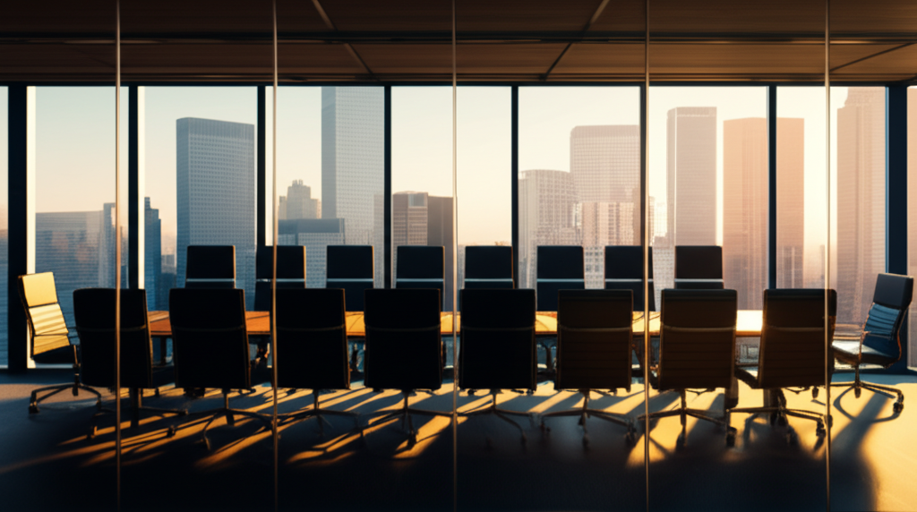 Modern boardroom with city skyline