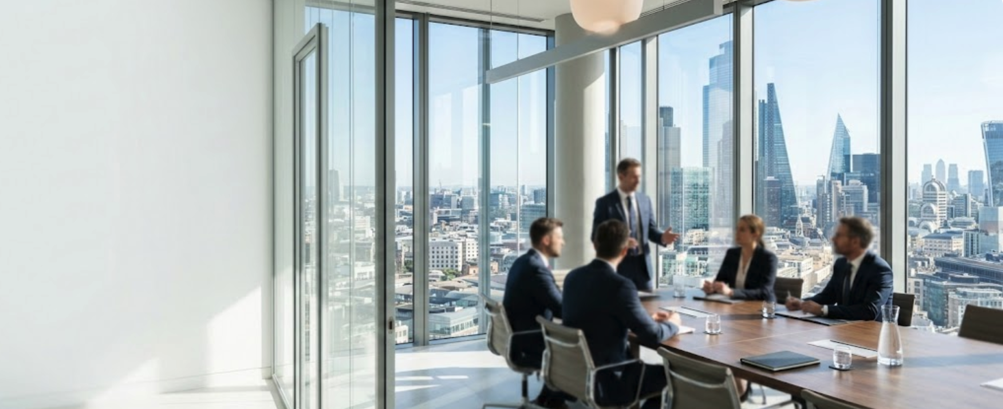 Senior executives in a modern boardroom discussing leadership succession strategy